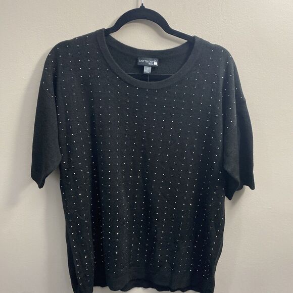 Antthony Womens Black Round Neck Short Sleeve Pullover Embellished Sweater Med - Picture 2 of 4